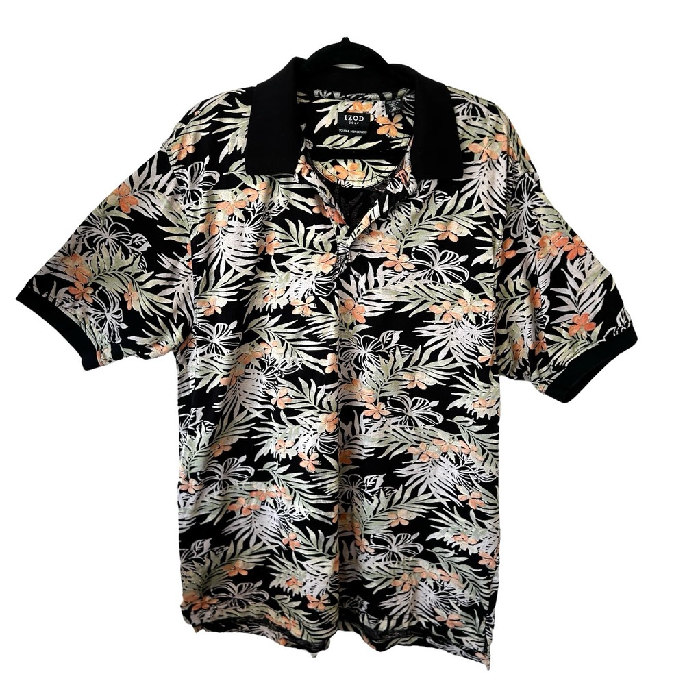 IZOD Mens Golf Shirt Black Orange Green Tropical‎ Hawaiian Floral Leaves Size XL